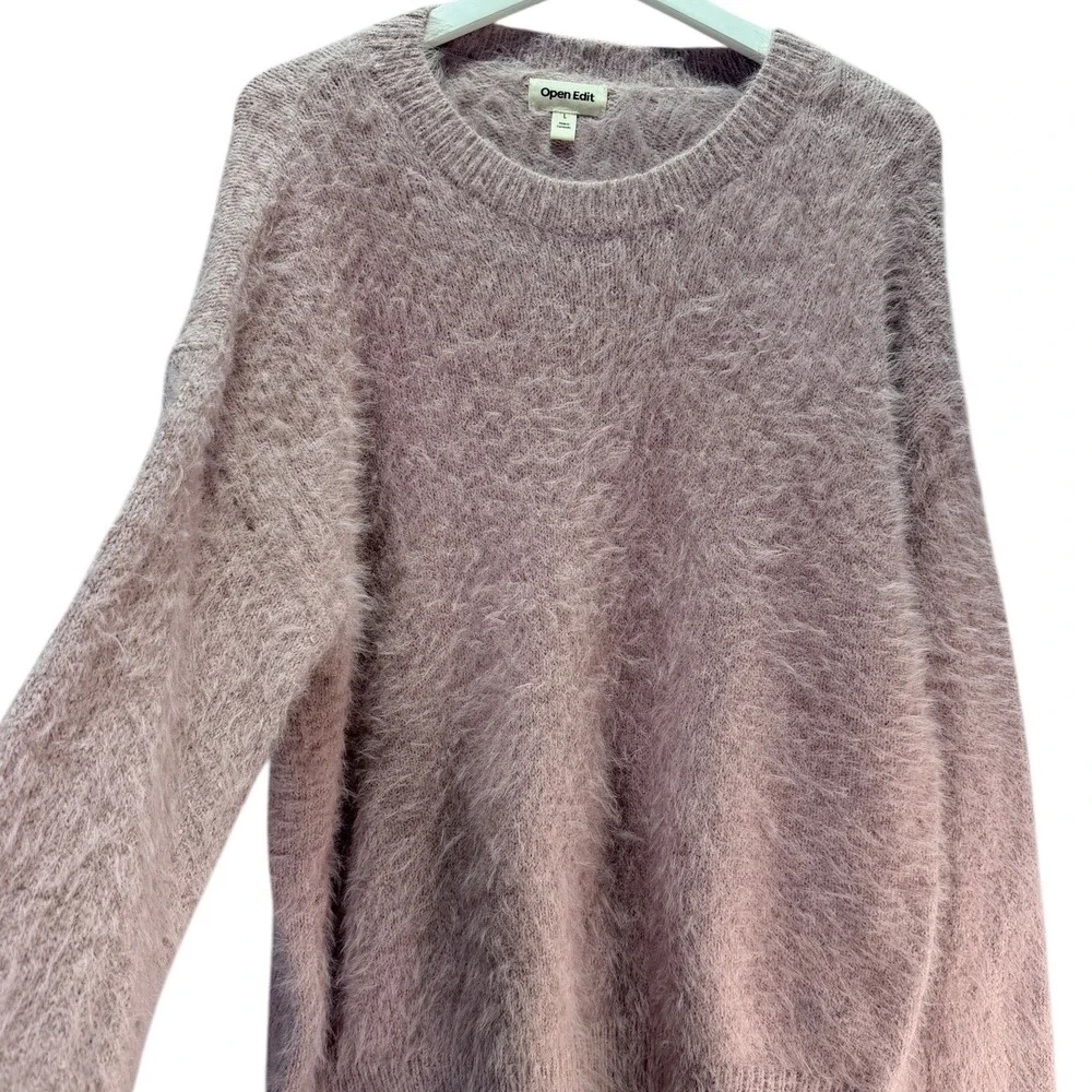 Open Edit Eyelash Knit Sweater Womens L Pink Fuzzy Pullover Crew Neck Cozy Soft